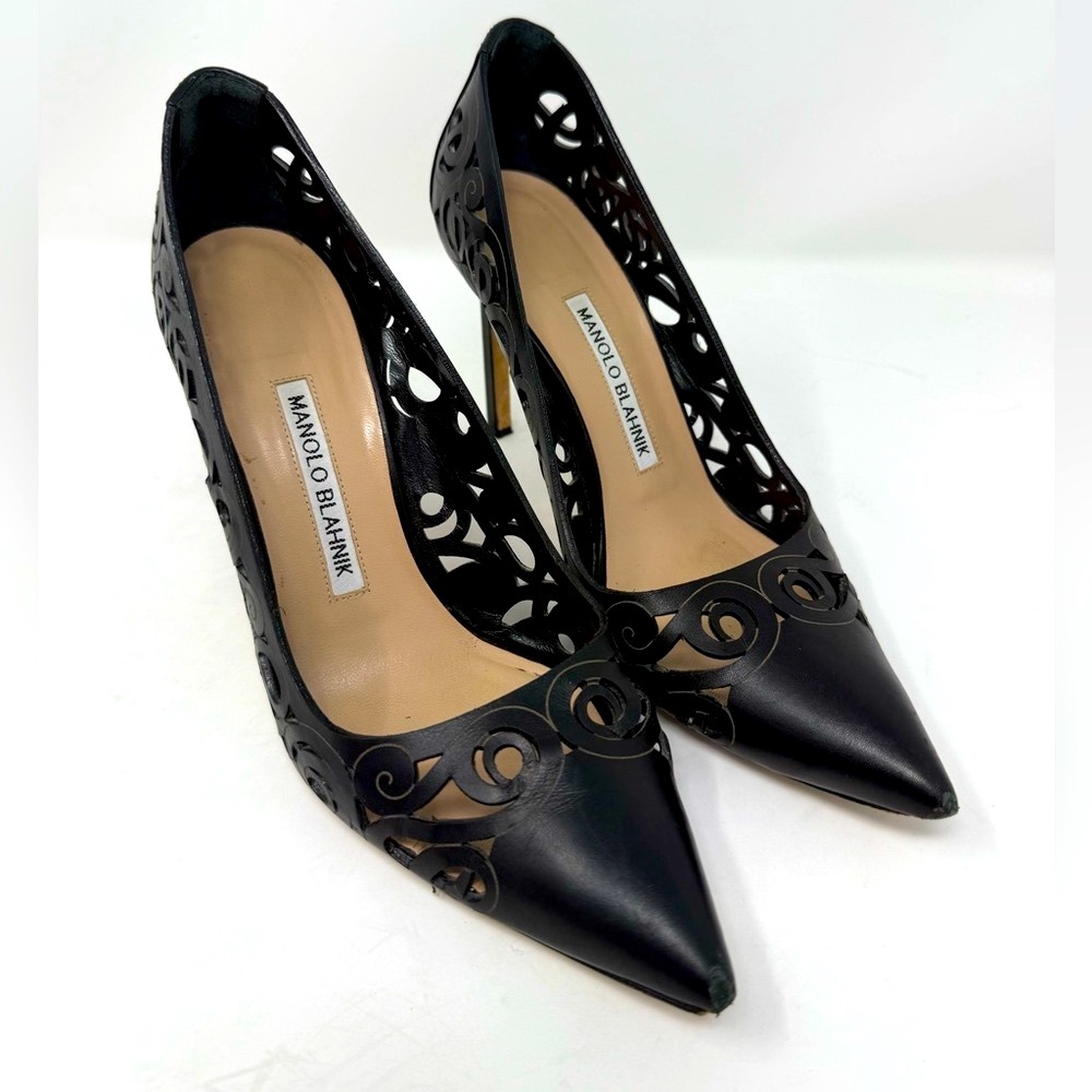 Manolo Blahnik Pumps Women's 37 Black Laser Cut Filigree Stiletto Heels